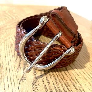 MICHAEL KORS MK Wide Brown Braided Leather Belt Silver Tone Buckle Womens M Boho